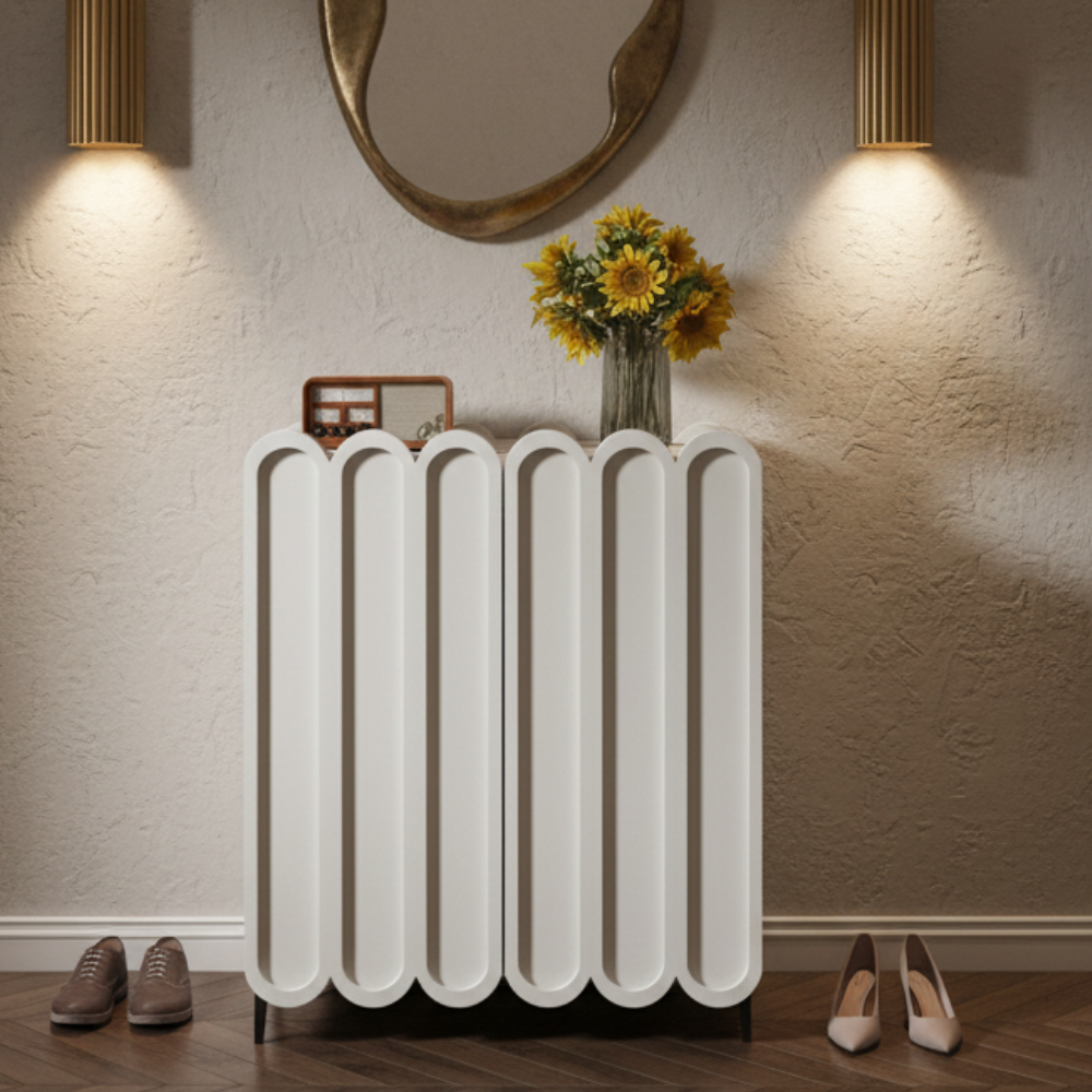 Elegant 4-Tier Shoe Storage Cabinet with Scalloped Edge Design for Entryway