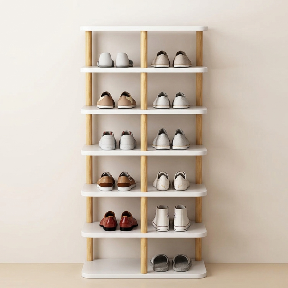 Modern Minimalist Shoe Rack - 6/7 Tier PVC & Wood Shoe Organizer