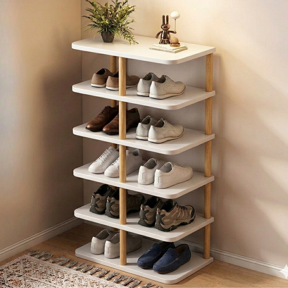 Modern Minimalist Shoe Rack - 6/7 Tier PVC & Wood Shoe Organizer