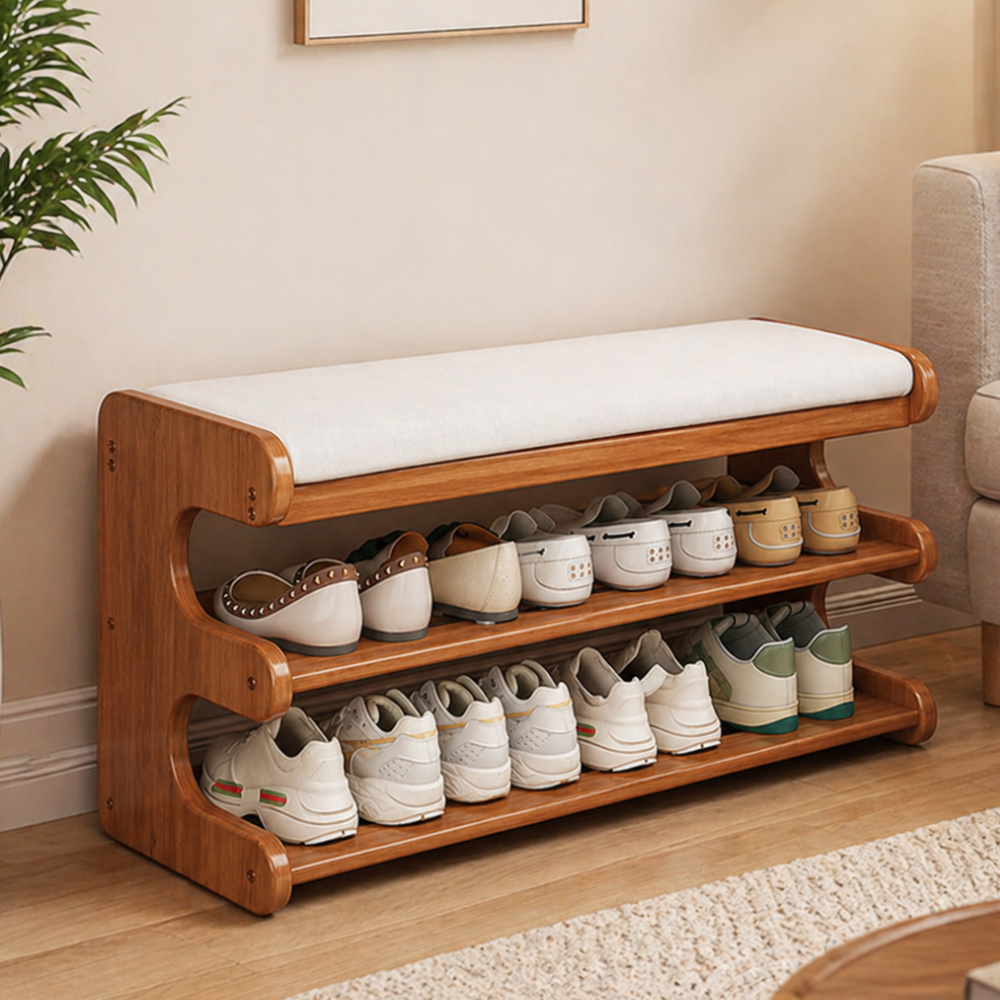 Elegant Bamboo Entryway Bench With Shoe Storage & PU Leather Seat
