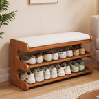 Elegant Bamboo Entryway Bench With Shoe Storage & PU Leather Seat