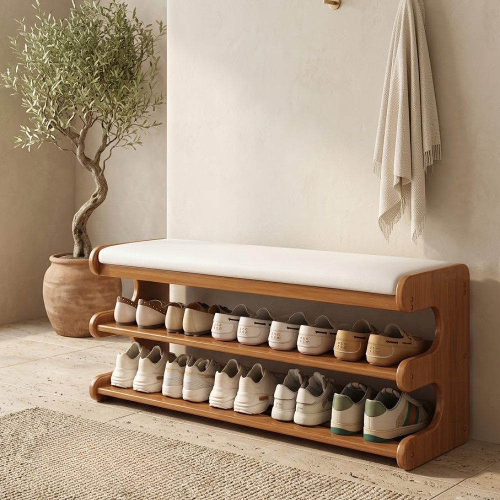 Elegant Bamboo Entryway Bench With Shoe Storage & PU Leather Seat