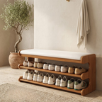 Elegant Bamboo Entryway Bench With Shoe Storage & PU Leather Seat
