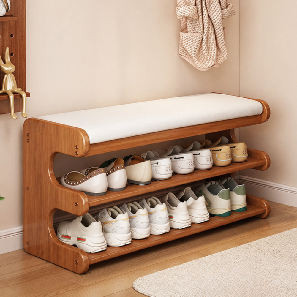 Elegant Bamboo Entryway Bench With Shoe Storage & PU Leather Seat