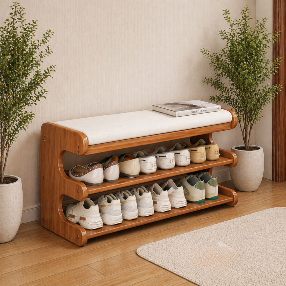 Elegant Bamboo Entryway Bench With Shoe Storage & PU Leather Seat