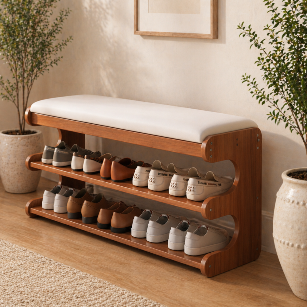 Elegant Bamboo Entryway Bench With Shoe Storage & PU Leather Seat