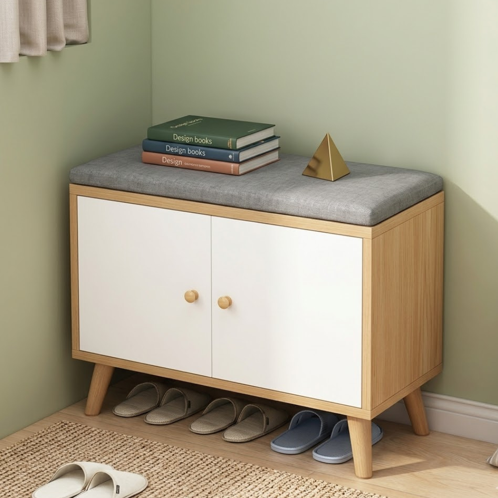 Scandinavian Solid Wood Shoe Storage Cabinet - 2-Tier Organizer