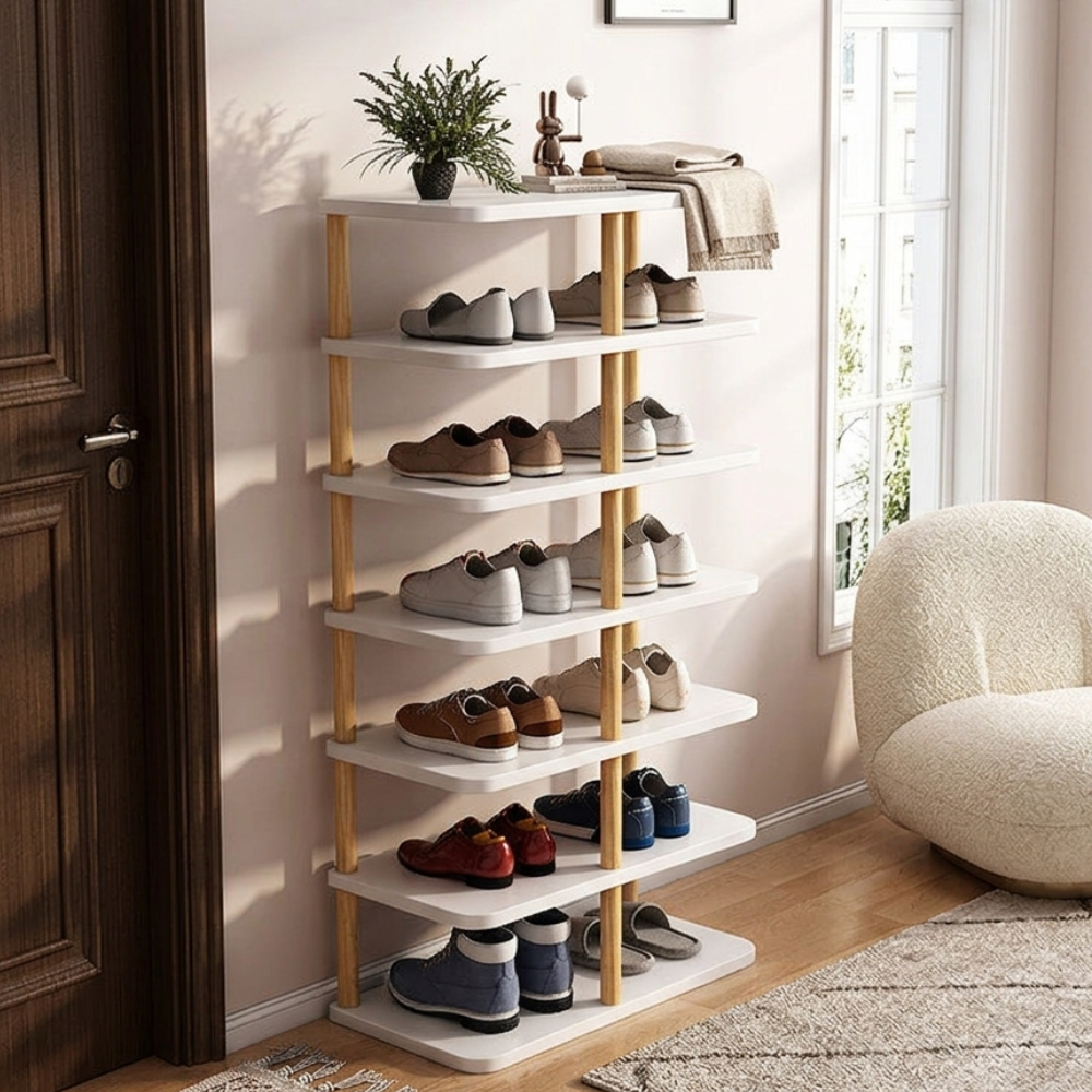 Modern Minimalist Shoe Rack - 6/7 Tier PVC & Wood Shoe Organizer