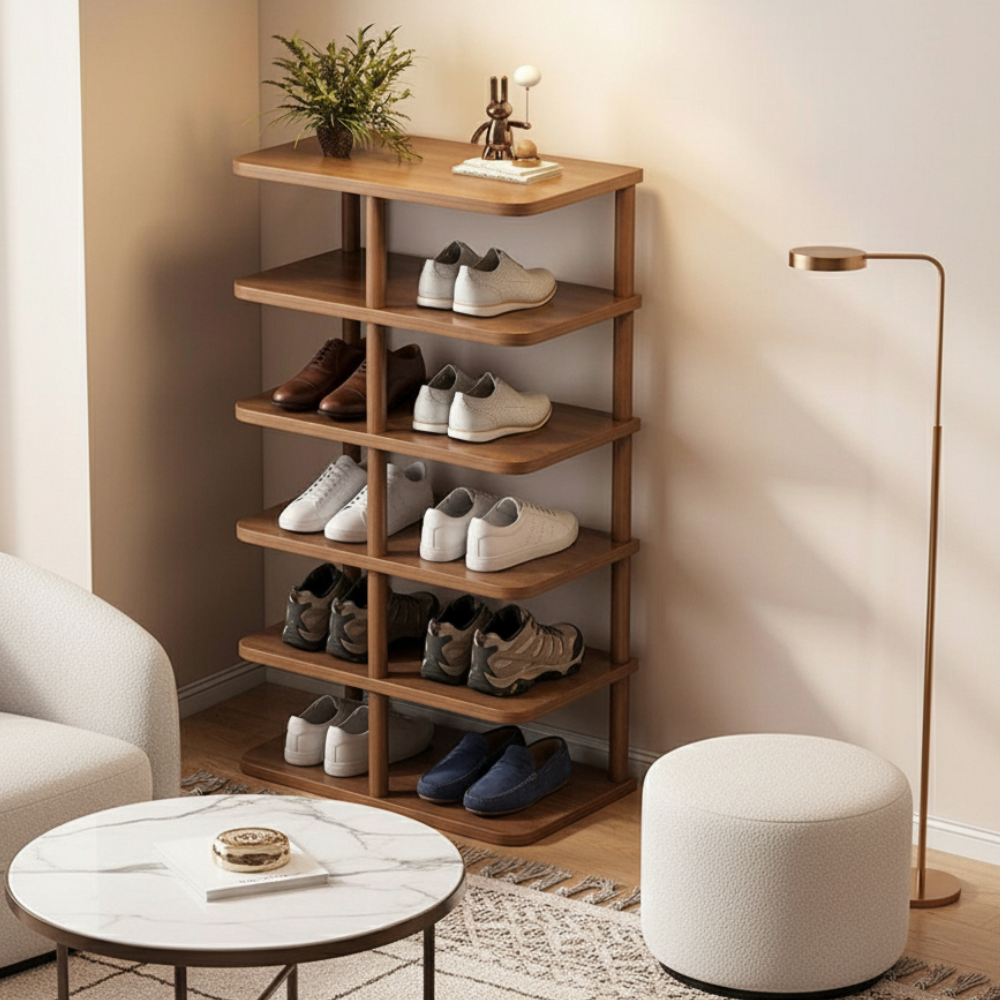 Modern Minimalist Shoe Rack - 6/7 Tier PVC & Wood Shoe Organizer
