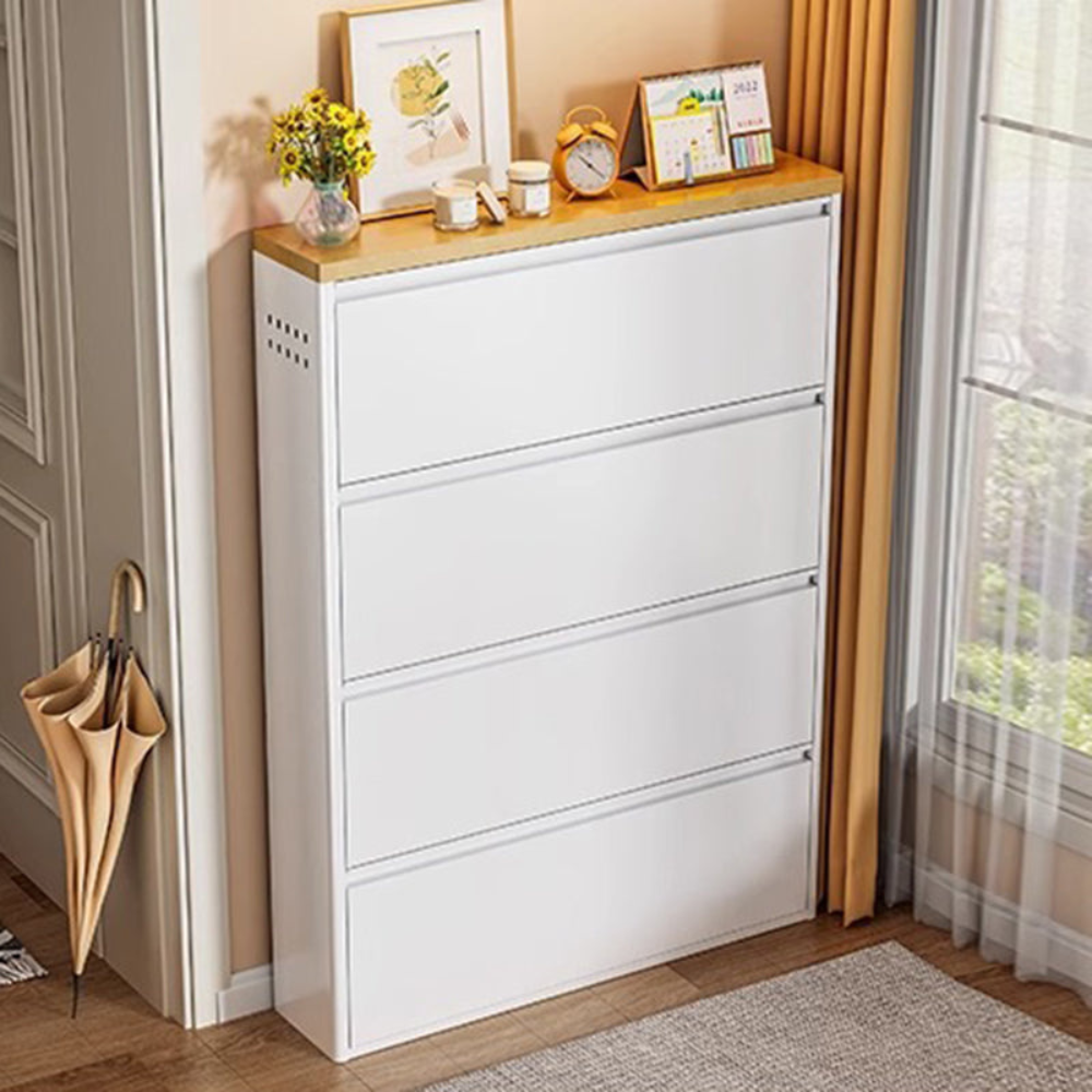 Modern Minimalist Shoe Storage Cabinet - Slim Steel Organizer with Drawers