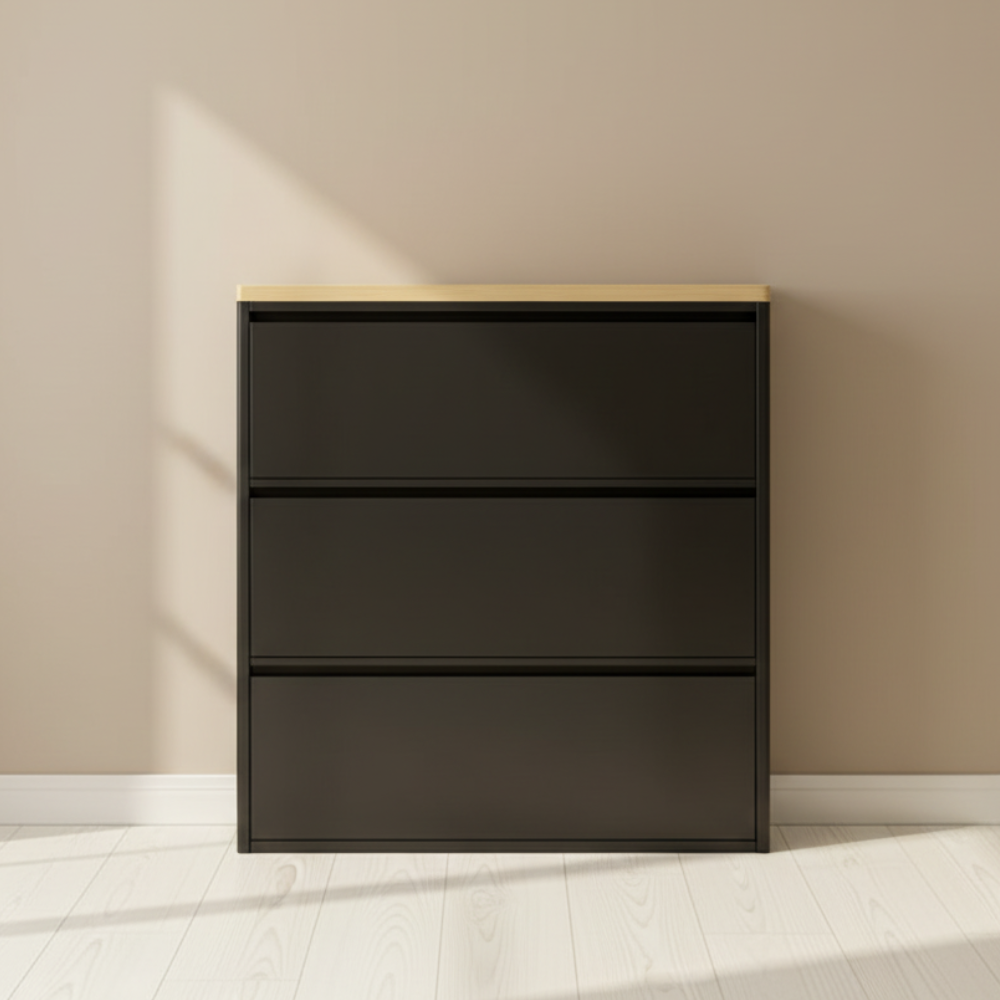 Modern Minimalist Shoe Storage Cabinet - Slim Steel Organizer with Drawers