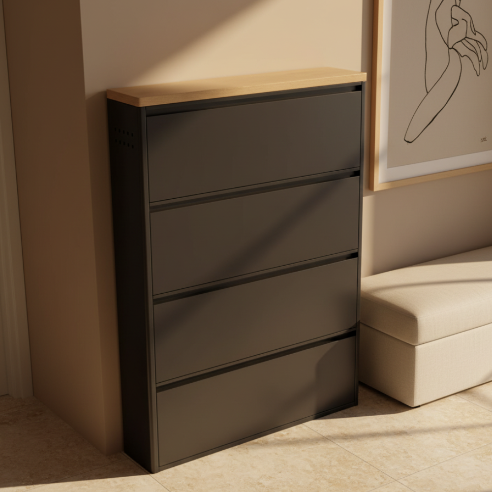 Modern Minimalist Shoe Storage Cabinet - Slim Steel Organizer with Drawers
