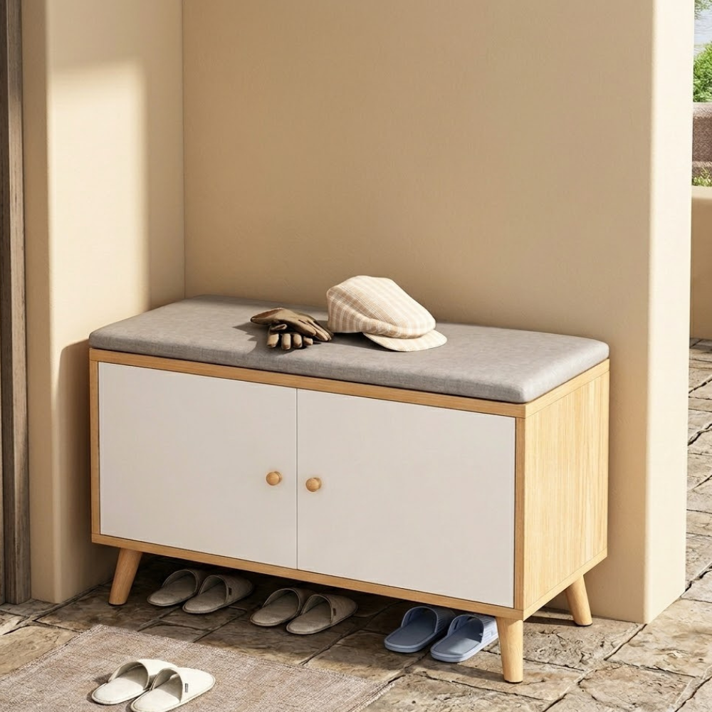 Scandinavian Solid Wood Shoe Storage Cabinet - 2-Tier Organizer