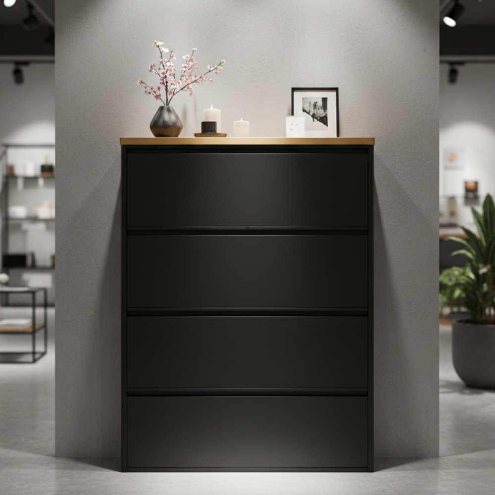 Modern Minimalist Shoe Storage Cabinet - Slim Steel Organizer with Drawers