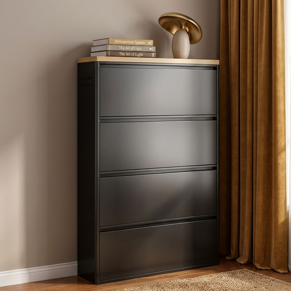 Modern Minimalist Shoe Storage Cabinet - Slim Steel Organizer with Drawers