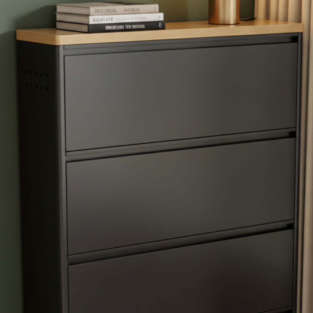 Modern Minimalist Shoe Storage Cabinet - Slim Steel Organizer with Drawers