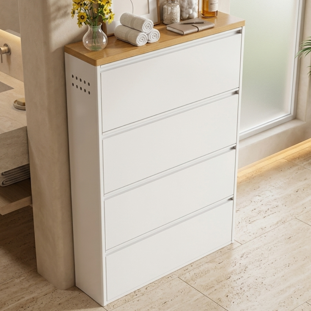 Modern Minimalist Shoe Storage Cabinet - Slim Steel Organizer with Drawers
