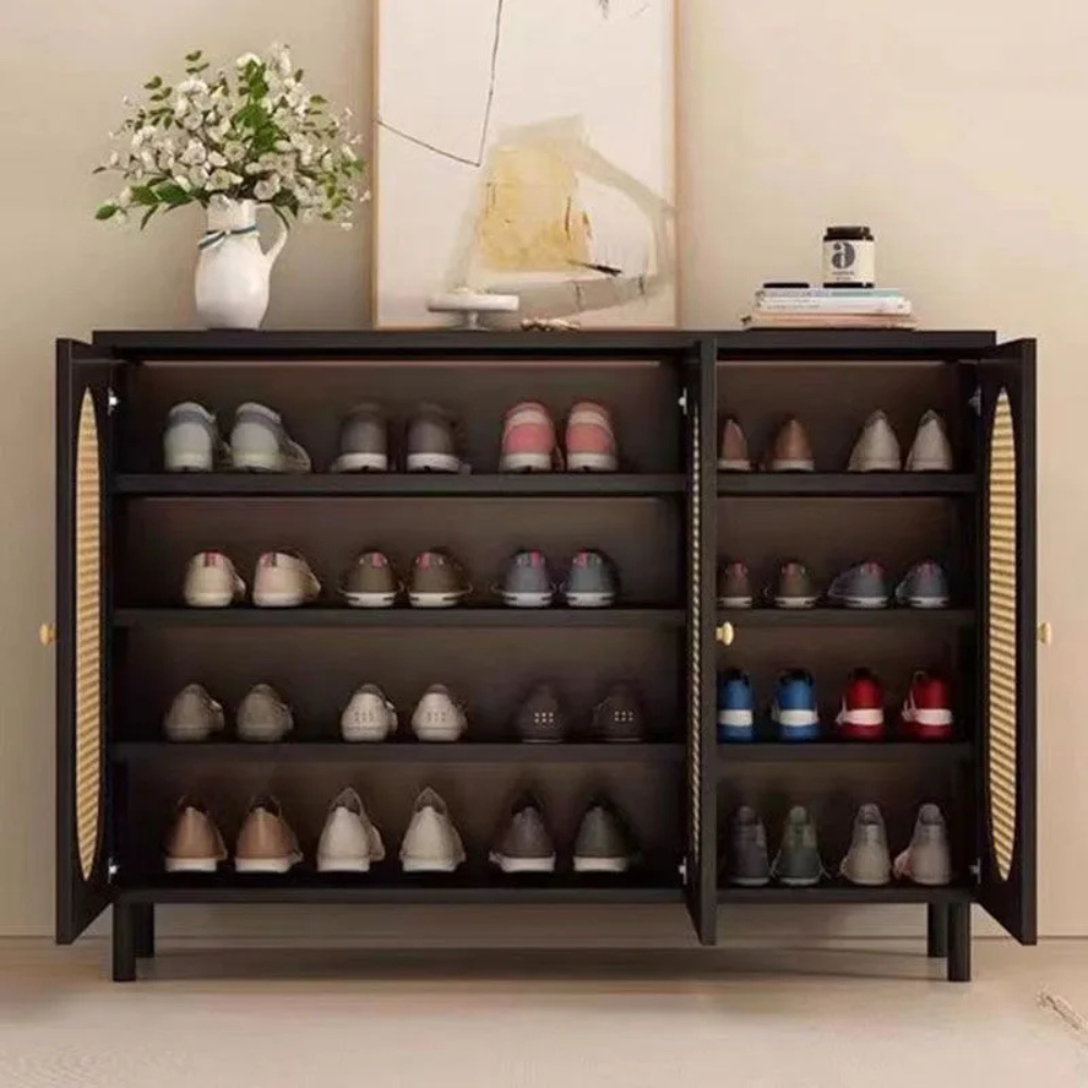 Modern Minimalist 4-Tier Shoe Storage Cabinet with Rattan & Glass Organizer for Entryway