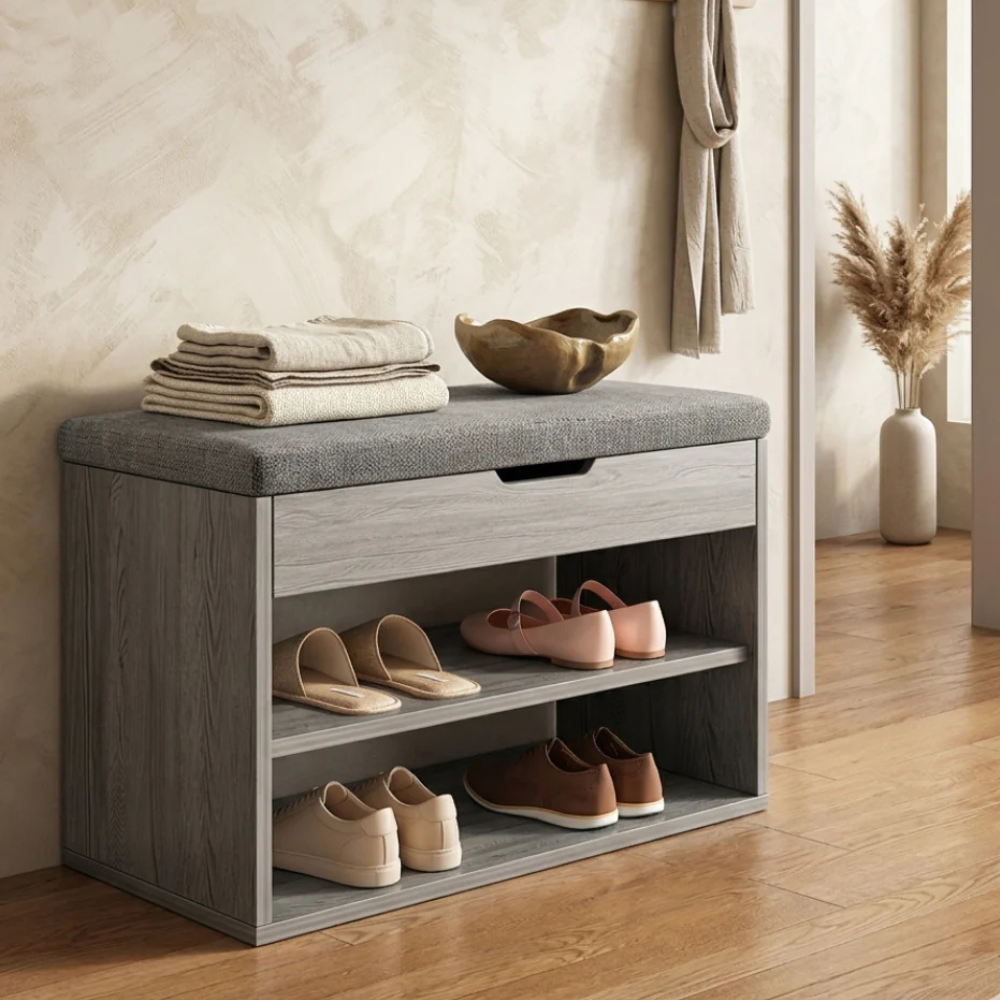 Modern Minimalist 3-Tier Shoe Storage Cabinet - PU Leather & Wood Organizer