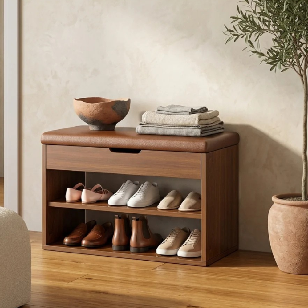 Modern Minimalist 3-Tier Shoe Storage Cabinet - PU Leather & Wood Organizer