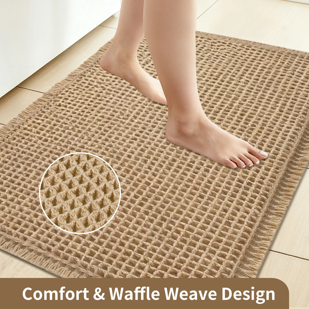 Waffle Super Absorbent Bath Mat | Non-Slip Microfiber Bathroom Rug with Tassels