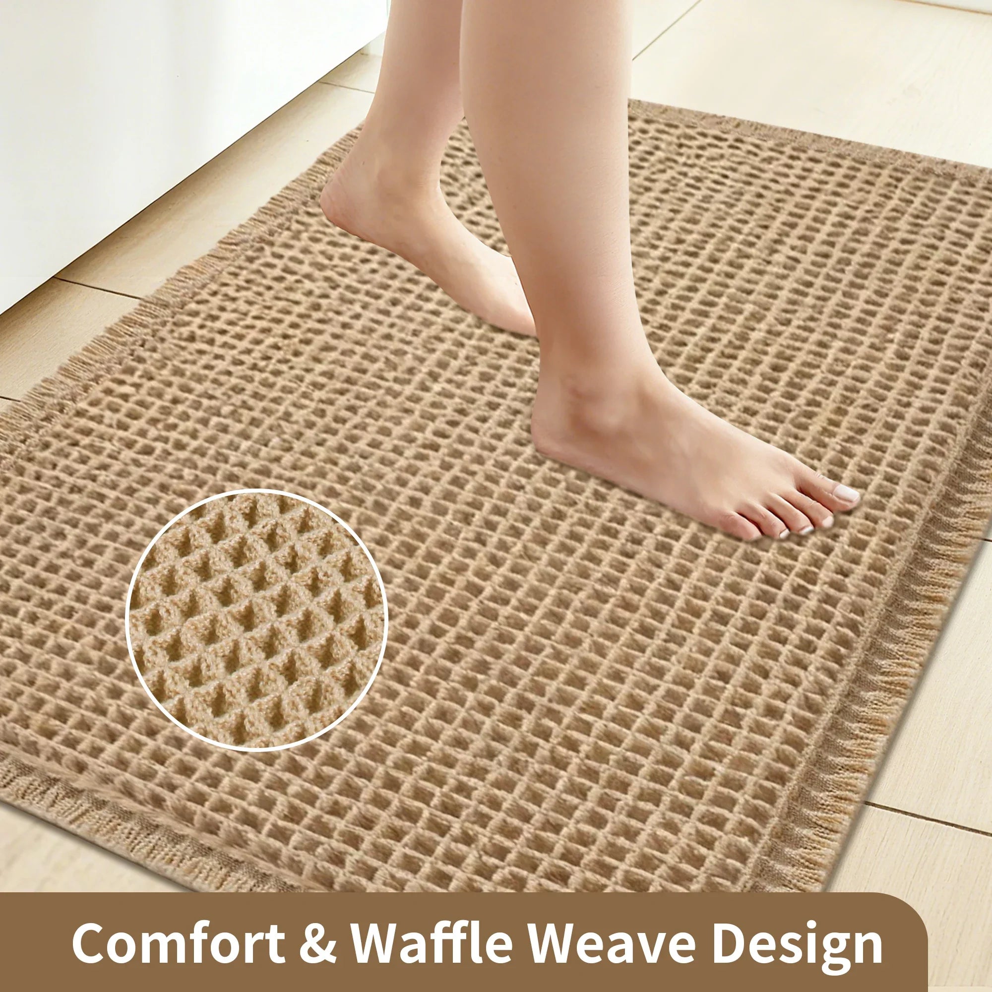 Waffle Super Absorbent Bath Mat | Non-Slip Microfiber Bathroom Rug with Tassels