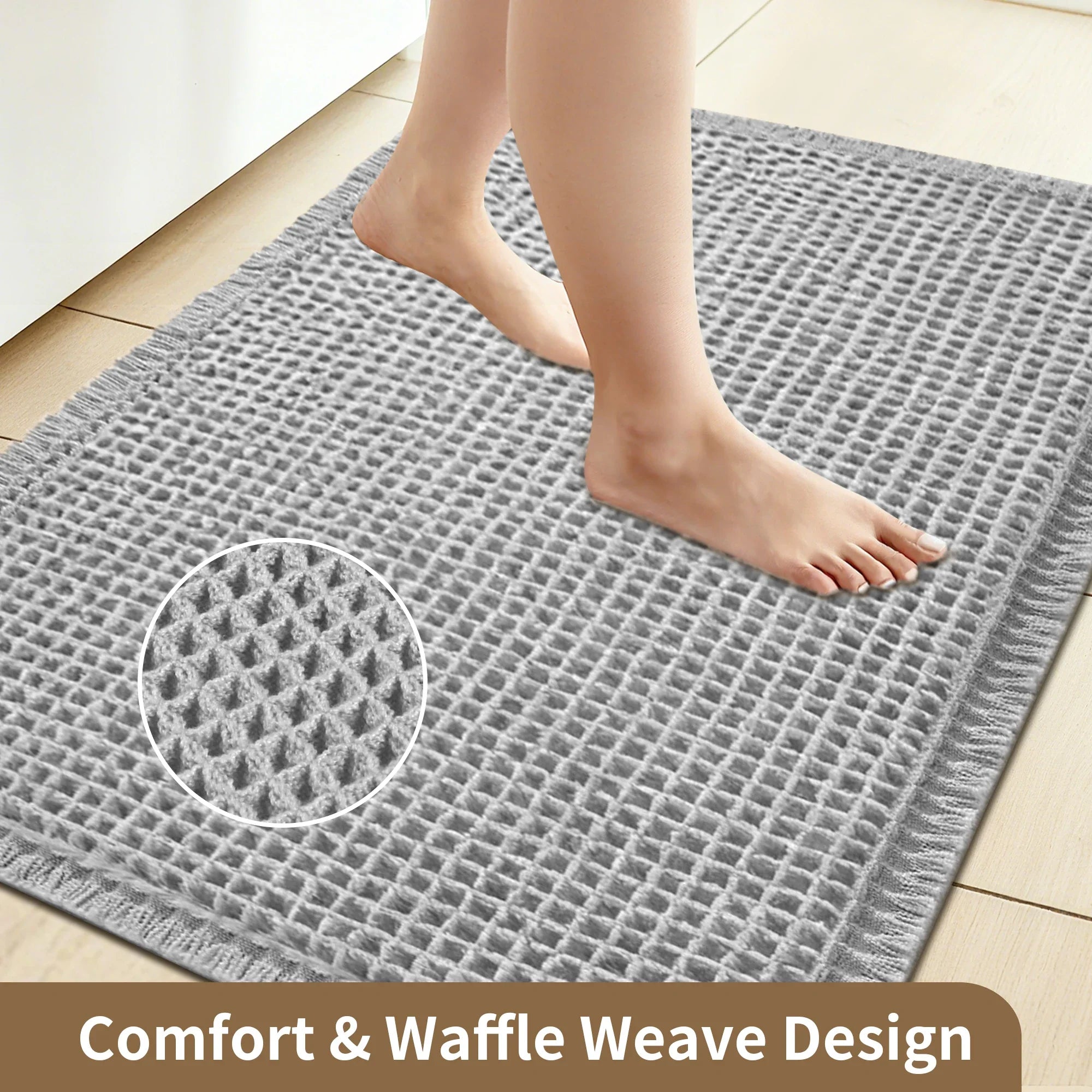 Waffle Super Absorbent Bath Mat | Non-Slip Microfiber Bathroom Rug with Tassels