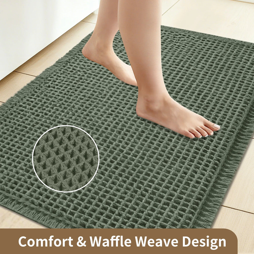 Waffle Super Absorbent Bath Mat | Non-Slip Microfiber Bathroom Rug with Tassels