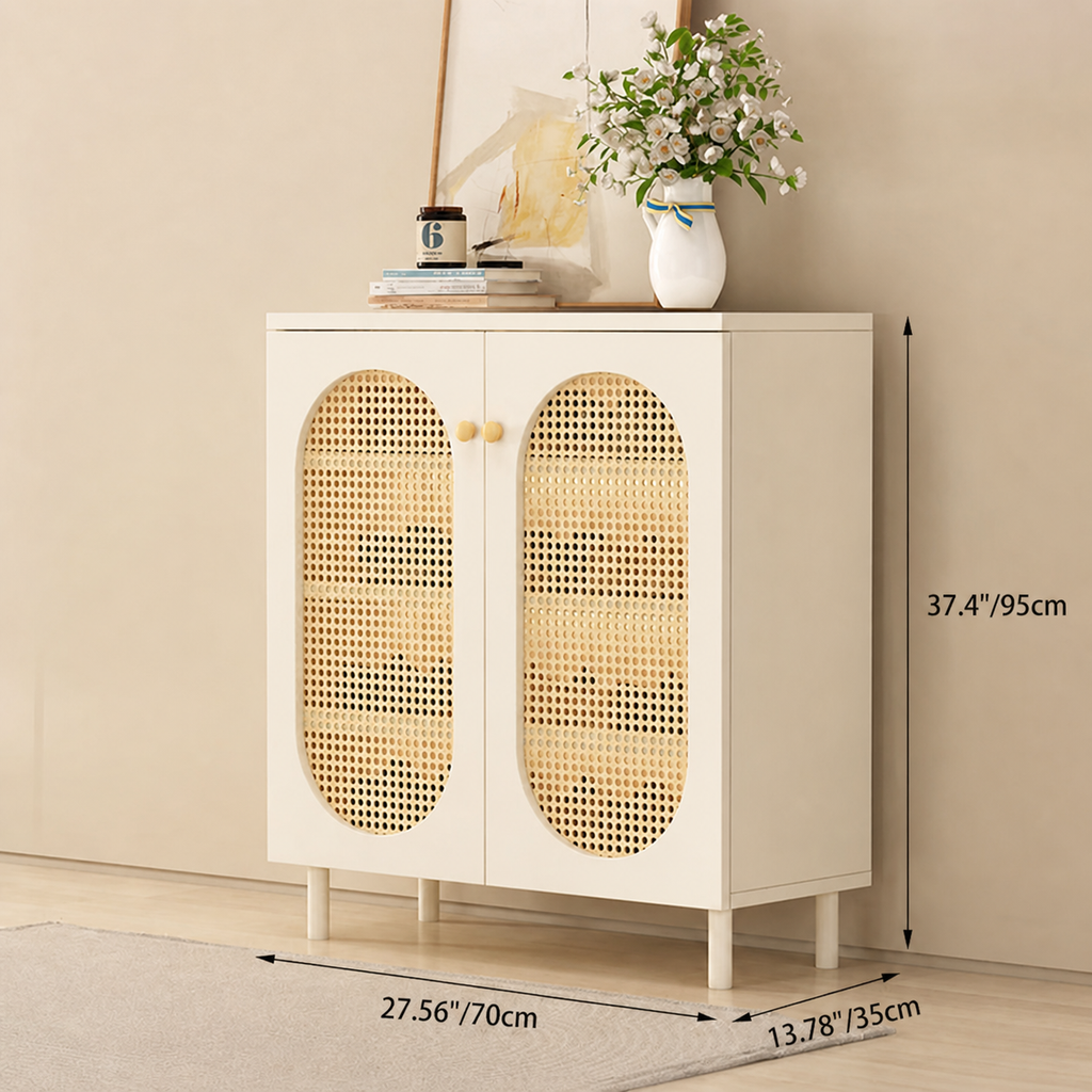 Modern Minimalist 4-Tier Shoe Storage Cabinet with Rattan & Glass Organizer for Entryway