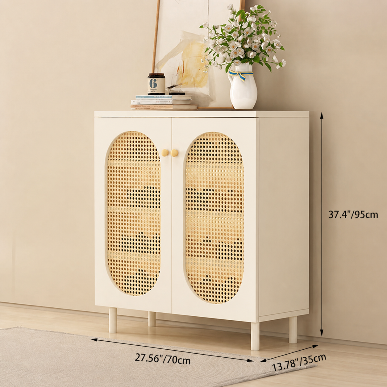 Modern Minimalist 4-Tier Shoe Storage Cabinet with Rattan & Glass Organizer for Entryway